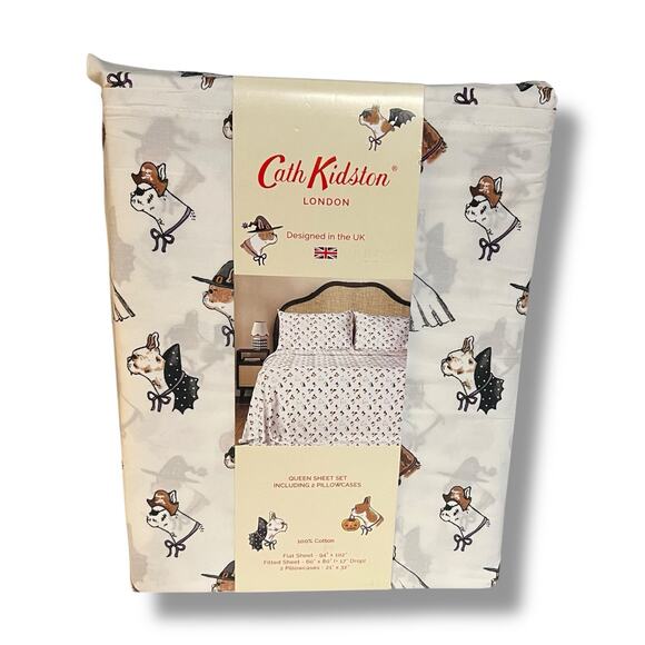 Cath Kidston Spooky Dogs Queen 4 Pc Sheet Set Halloween Costume White Percale - Picture 1 of 3